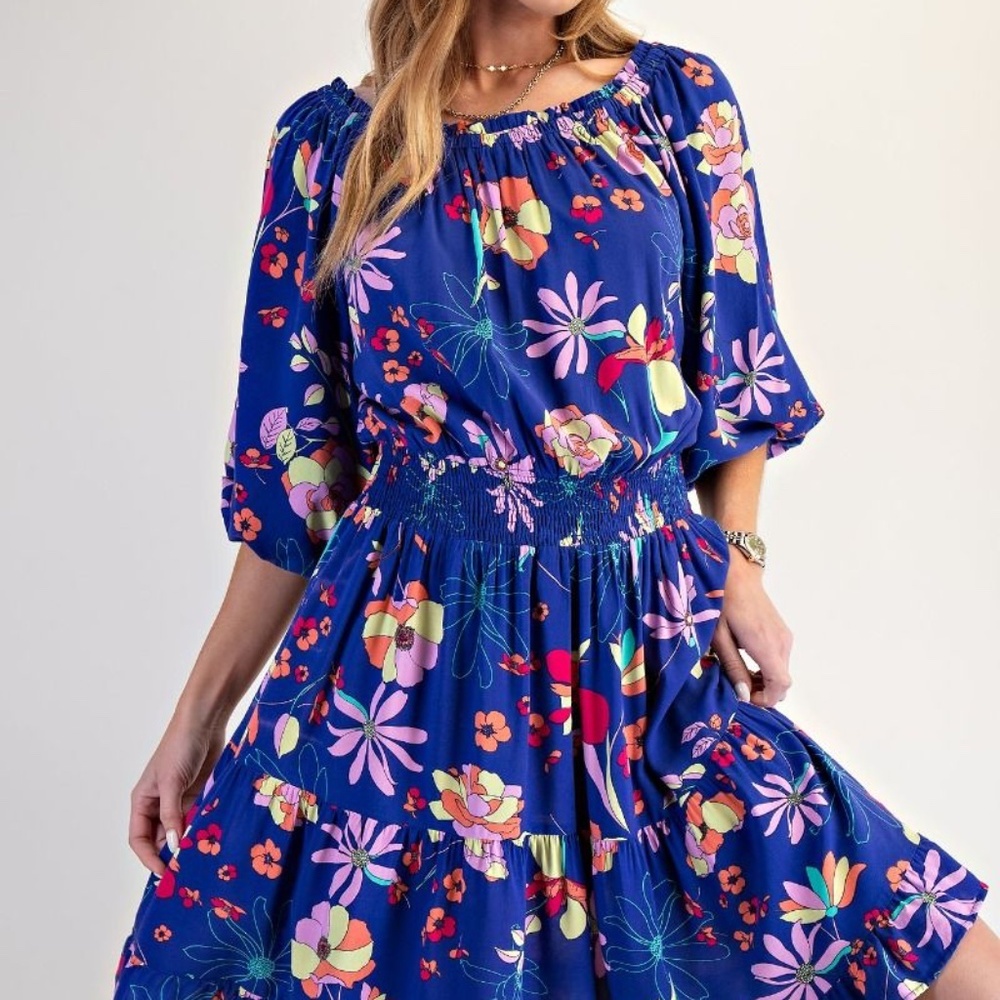 FLORAL PRINTED CHALLIS DRESS Royal Blue